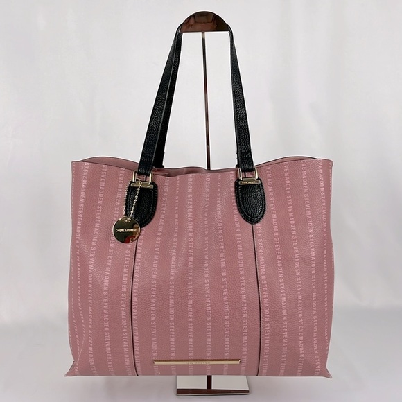 Steve Madden Large Logo Pebbled Leather Pink Tote Bag with Black Envelope Bag - Picture 13 of 14